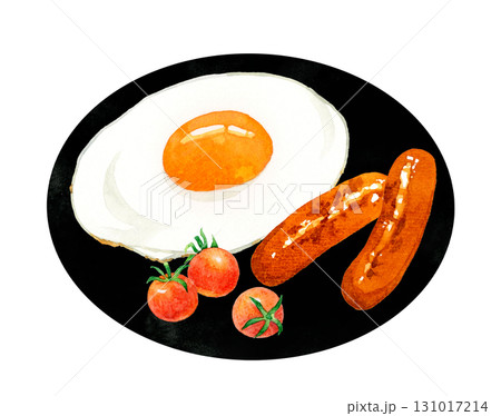 お皿に乗った目玉焼き・ウインナー・プチトマト　卵料理の手描き水彩イラスト素材 131017214