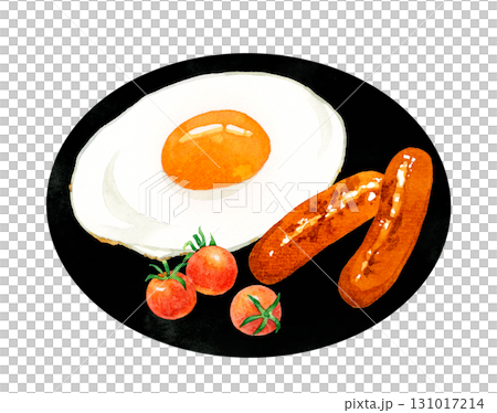 お皿に乗った目玉焼き・ウインナー・プチトマト　卵料理の手描き水彩イラスト素材 131017214