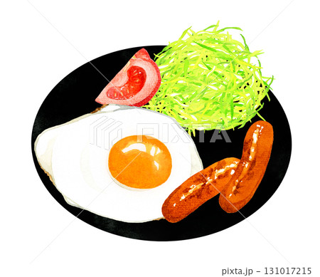 お皿に盛り付けた目玉焼き・ウインナー・野菜 卵料理の手描き水彩イラスト素材 お皿に盛り付けた目玉焼き・ウインナー・野菜 卵料理の手描き水彩イラスト素材 131017215