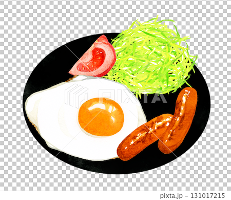 盤子裡盛著煎蛋、香腸和蔬菜。手繪水彩畫,描繪蛋料理。 盤子裡盛著煎蛋、香腸和蔬菜。手繪水彩畫,描繪蛋料理。 131017215