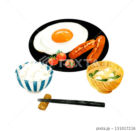 目玉焼きとおかず、ご飯、お味噌汁のセット　卵料理の手描き水彩イラスト素材 131017216
