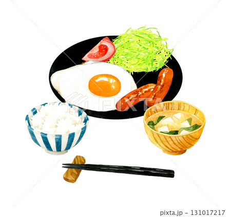 目玉焼きを中心にしたおかずとご飯・お味噌汁のセット　卵料理の手描き水彩イラスト素材 131017217