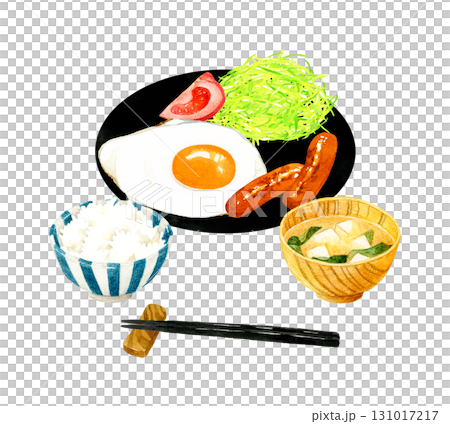 以煎蛋為中心的米飯、味噌湯和小菜的套餐。手繪水彩畫，描繪了雞蛋料理。 131017217
