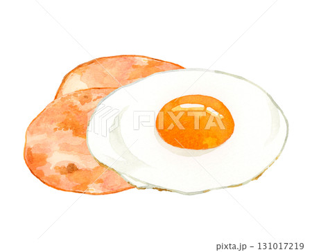 ハムエッグ（目玉焼き）　卵料理の手描き水彩イラスト素材 131017219