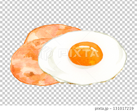 ハムエッグ（目玉焼き）　卵料理の手描き水彩イラスト素材 131017219