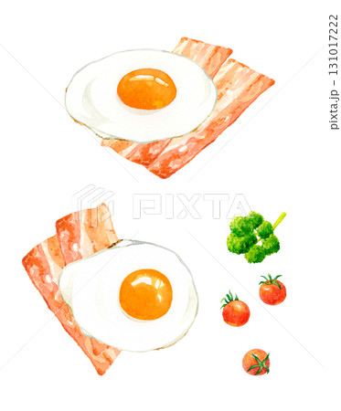ベーコンエッグ（目玉焼き）のセット　卵料理の手描き水彩イラスト素材 131017222