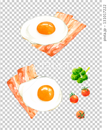ベーコンエッグ（目玉焼き）のセット　卵料理の手描き水彩イラスト素材 131017222