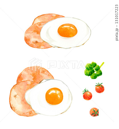 ハムエッグ（目玉焼き）のセット　卵料理の手描き水彩イラスト素材 131017223