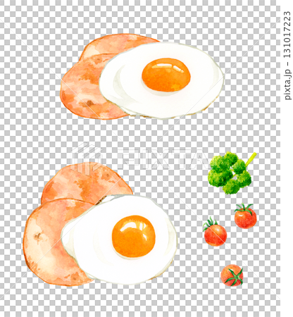 Ham and egg (sunny side up) set - Hand-drawn watercolor illustration of egg dishes 131017223