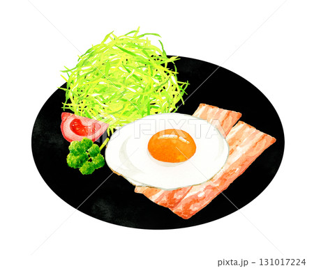 お皿に盛り付けたベーコンエッグ（目玉焼き）　卵料理の手描き水彩イラスト素材 131017224