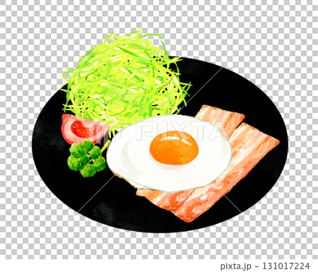 お皿に盛り付けたベーコンエッグ（目玉焼き）　卵料理の手描き水彩イラスト素材 131017224