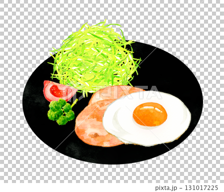 お皿に盛り付けたハムエッグ（目玉焼き）　卵料理の手描き水彩イラスト素材 131017225