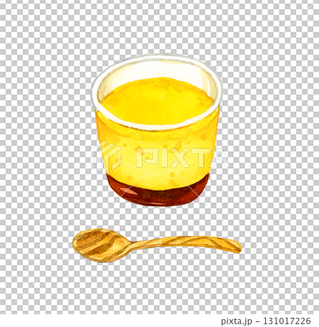 カップに入ったプリンとスプーンのセット　卵料理の手描き水彩イラスト素材 131017226