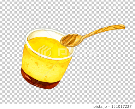 A set of pudding in a cup and a spoon. Hand-drawn watercolor illustration of egg dishes. 131017227