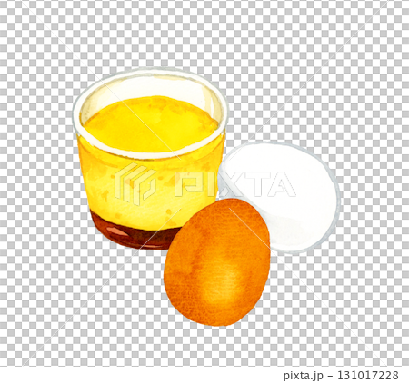 A set of pudding and eggs in a cup. Hand-drawn watercolor illustration of egg dishes. 131017228