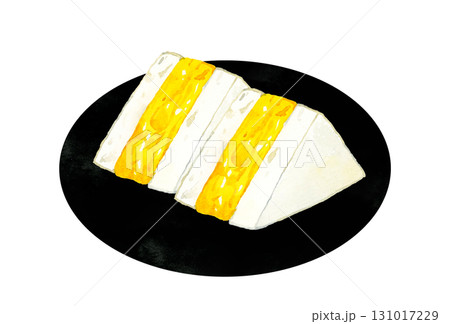 お皿に盛り付けた厚焼きたまごのサンドイッチ　卵料理の手描き水彩イラスト素材 131017229