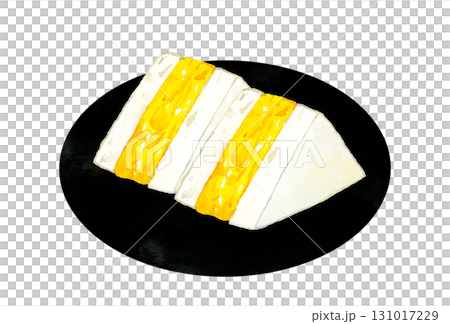 Thick omelet sandwich served on a plate Hand-drawn watercolor illustration of egg dishes 131017229