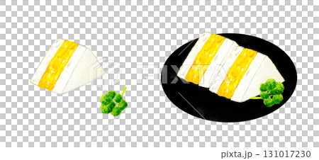 厚焼きたまごのサンドイッチのセット　卵料理の手描き水彩イラスト素材 131017230
