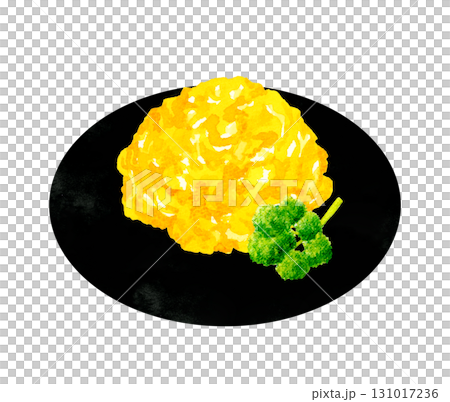 お皿に盛り付けたスクランブルエッグとパセリ　卵料理の手描き水彩イラスト素材 131017236