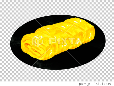 Omelette on a black plate Hand-drawn watercolor illustration of egg dish 131017239
