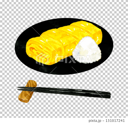 Omelette on a black plate Hand-drawn watercolor illustration of egg dish 131017241