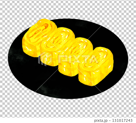 Omelette on a black plate Hand-drawn watercolor illustration of egg dish Omelette on a black plate Hand-drawn watercolor illustration of egg dish 131017243