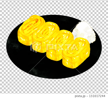 Omelette on a black plate Hand-drawn watercolor illustration of egg dish Omelette on a black plate Hand-drawn watercolor illustration of egg dish 131017244