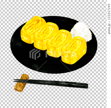 Omelette on a black plate Hand-drawn watercolor illustration of egg dish 131017245
