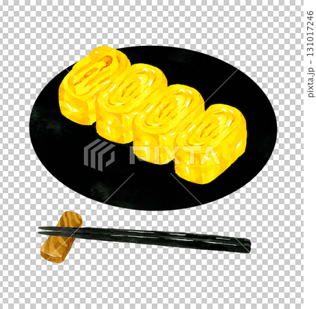 Omelette on a black plate Hand-drawn watercolor illustration of egg dish Omelette on a black plate Hand-drawn watercolor illustration of egg dish 131017246