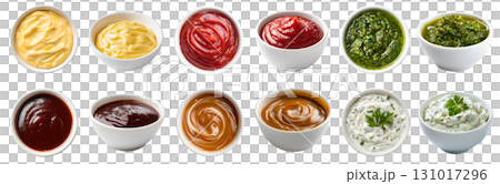 Set of different flavour sauce dip ketchup in white bowl saucer, side top view, on transparent cutout PNG. bbq barbecue, caramel, cheese, tomato ketchup, pesto, tartar flavour. Mockup template 131017296
