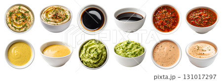 Set of different flavour sauce dip ketchup in white bowl saucer, side top view, on transparent cutout PNG. Guacamole, thousand island, Hummus, soy, salsa, mustard flavour. Mockup template Set of different flavour sauce dip ketchup in white bowl saucer, side top view, on transparent cutout PNG. Guacamole, thousand island, Hummus, soy, salsa, mustard flavour. Mockup template 131017297