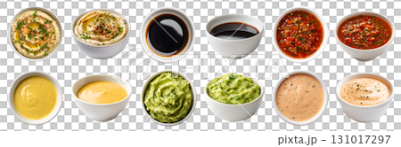 Set of different flavour sauce dip ketchup in white bowl saucer, side top view, on transparent cutout PNG. Guacamole, thousand island, Hummus, soy, salsa, mustard flavour. Mockup template Set of different flavour sauce dip ketchup in white bowl saucer, side top view, on transparent cutout PNG. Guacamole, thousand island, Hummus, soy, salsa, mustard flavour. Mockup template 131017297