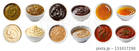 Set of different flavour sauce dip ketchup in white bowl saucer, side top view, on transparent cutout PNG. Honey maple, mayonnaise mayo, Chutney, chocolate, peanut, marinara flavour. Mockup 131017298