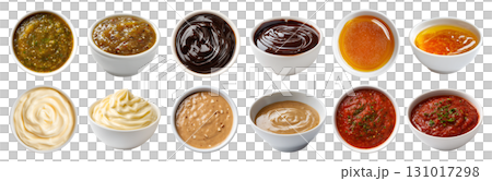 Set of different flavour sauce dip ketchup in white bowl saucer, side top view, on transparent cutout PNG. Honey maple, mayonnaise mayo, Chutney, chocolate, peanut, marinara flavour. Mockup 131017298