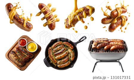 Set of bratwurst sausage frankfurter frank wiener ground mince meat, pork beef chicken, skillet pan, bbq grill, serve wood board, drip spread mustard on transparent cutout PNG. Mockup Set of bratwurst sausage frankfurter frank wiener ground mince meat, pork beef chicken, skillet pan, bbq grill, serve wood board, drip spread mustard on transparent cutout PNG. Mockup 131017331