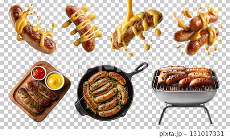 Set of bratwurst sausage frankfurter frank wiener ground mince meat, pork beef chicken, skillet pan, bbq grill, serve wood board, drip spread mustard on transparent cutout PNG. Mockup 131017331
