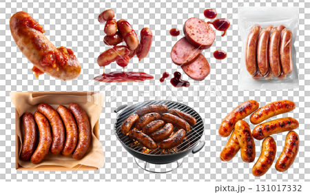 Set of frankfurter frank wiener bratwurst sausage ground mince meat, pork beef chicken, bbq sauce, takeaway box seal bag, grill, bundle stack on transparent cutout PNG. Mockup template 131017332