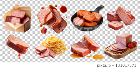 Set of Spam luncheon processed preserved meat, serving wooden board, skillet pan, pork chicken, ketchup BBQ sauce pasta, takeaway box, sliced, isolated on transparent cutout PNG. Mockup 131017373