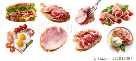 Set of Parma ham Prosciutto fermented processed cured meat, turkey pork, fork, sandwich, breakfast, burrata cheese, serve board, sliced pile stack isolated on transparent cutout PNG. Mockup 131017397