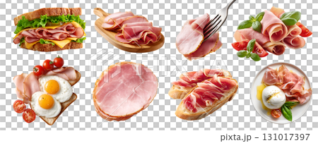 Set of Parma ham Prosciutto fermented processed cured meat, turkey pork, fork, sandwich, breakfast, burrata cheese, serve board, sliced pile stack isolated on transparent cutout PNG. Mockup Set of Parma ham Prosciutto fermented processed cured meat, turkey pork, fork, sandwich, breakfast, burrata cheese, serve board, sliced pile stack isolated on transparent cutout PNG. Mockup 131017397