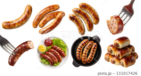 Set of grilled frankfurter frank wiener bratwurst sausage ground meat, pork beef chicken, fork, pan plate, roll buns bread, bundle sliced pile stack on transparent cutout PNG. Mockup template 131017426