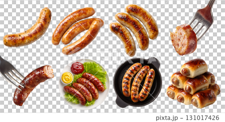 Set of grilled frankfurter frank wiener bratwurst sausage ground meat, pork beef chicken, fork, pan plate, roll buns bread, bundle sliced pile stack on transparent cutout PNG. Mockup template 131017426
