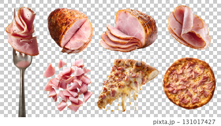 Set of Parma ham Prosciutto fermented processed cured meat, turkey pork, fork, pizza, pieces sliced pile stack isolated on transparent cutout PNG. Mockup template Set of Parma ham Prosciutto fermented processed cured meat, turkey pork, fork, pizza, pieces sliced pile stack isolated on transparent cutout PNG. Mockup template 131017427