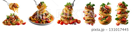 Set of bolognese Spaghetti Pasta with minced beef, onions, basil, cheese, tomato sauce, seasoning, spin twirl wrap, with fork, isolated on transparent cutout PNG. Mockup template 131017445