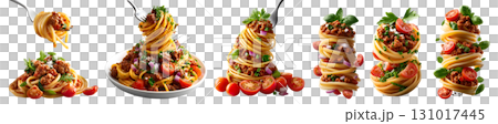 Set of bolognese Spaghetti Pasta with minced beef, onions, basil, cheese, tomato sauce, seasoning, spin twirl wrap, with fork, isolated on transparent cutout PNG. Mockup template 131017445