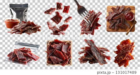 Set of meat jerky, beef pork chicken turkey, sealed plastic pack, flying, fork, serve board, bbq sauce, box, bundle sliced pile stack on transparent cutout PNG. Mockup template Set of meat jerky, beef pork chicken turkey, sealed plastic pack, flying, fork, serve board, bbq sauce, box, bundle sliced pile stack on transparent cutout PNG. Mockup template 131017489