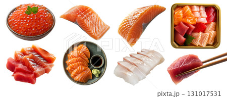 Collection set of sashimi sushi, many ingredient, platter bowl tray, chopstick, raw fish tuna salmon roe Flounder Mackerel Yellowtail on transparent cutout PNG. Mockup template 131017531