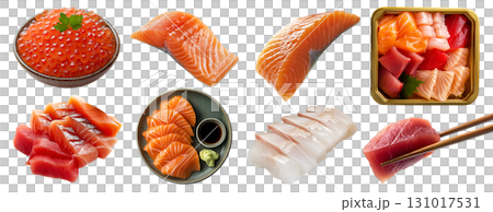 Collection set of sashimi sushi, many ingredient, platter bowl tray, chopstick, raw fish tuna salmon roe Flounder Mackerel Yellowtail on transparent cutout PNG. Mockup template 131017531