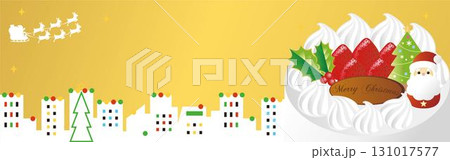 クリスマスのバナー。サンタクロースが飛ぶ夜空と、ケーキと街並みのイラスト素材　フレーム　背景素材 131017577