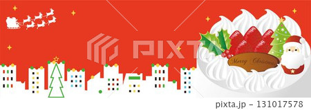 クリスマスのバナー。サンタクロースが飛ぶ夜空と、ケーキと街並みのイラスト素材　フレーム　背景素材 131017578